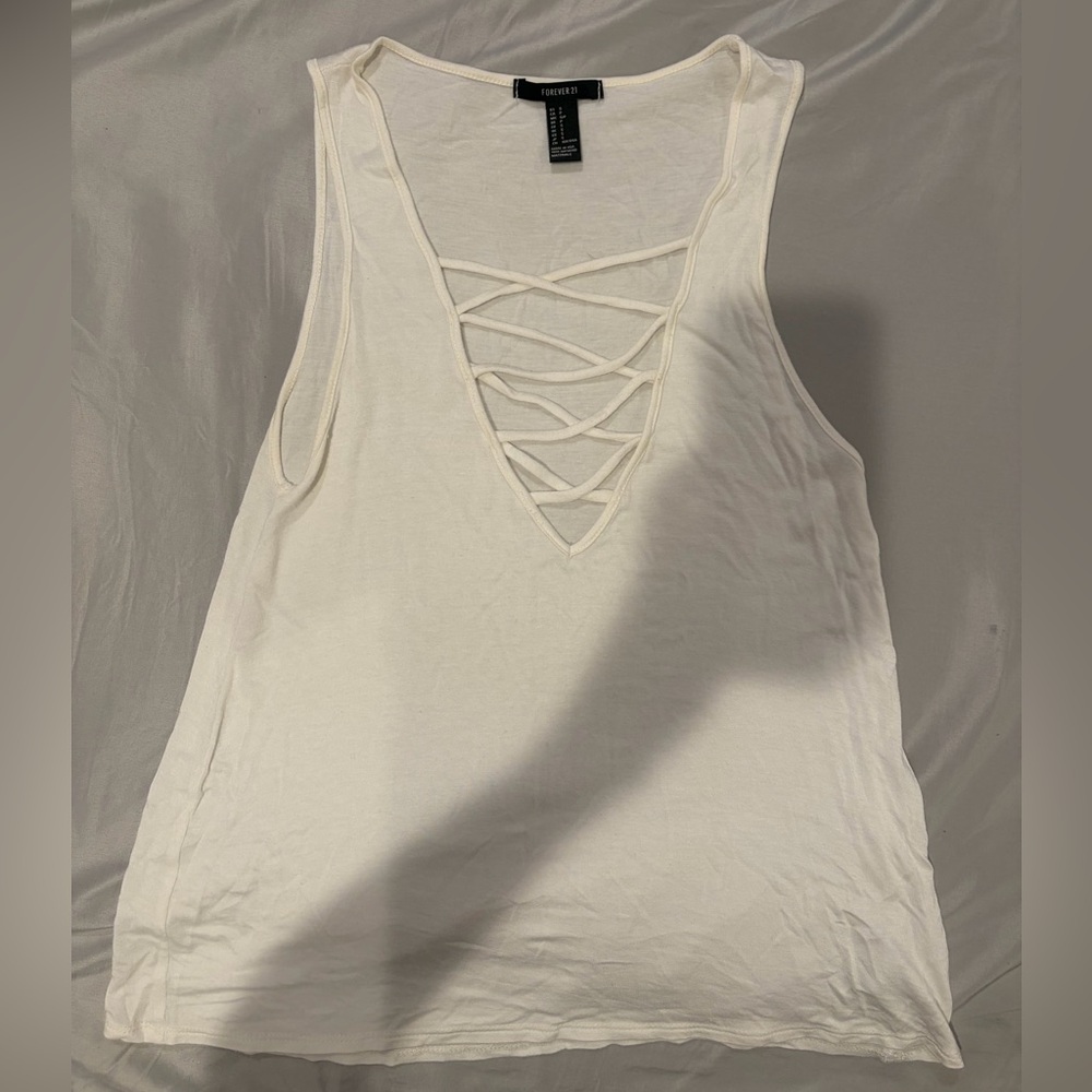 Forever 21 Cream Lace-Up V-Neck Tank Top